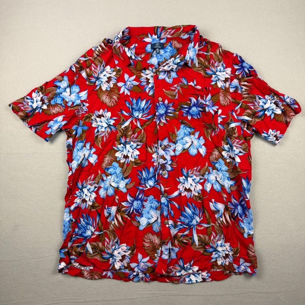 George Men 2XL Rayon Red Blue Floral Tropical Short Sleeve Button Up Aloha Shirt